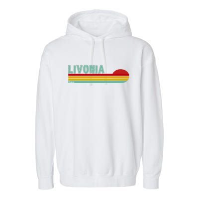 Livonia Michigan Retro Sunset Logo Garment-Dyed Fleece Hoodie