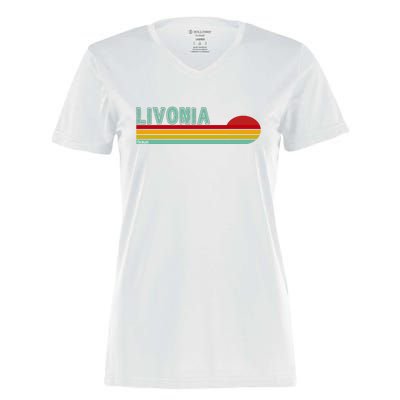 Livonia Michigan Retro Sunset Logo Women's Momentum V-Neck T-Shirt