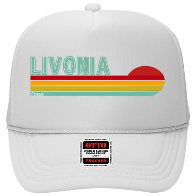 Livonia Michigan Retro Sunset Logo High Crown Mesh Back Trucker Hat