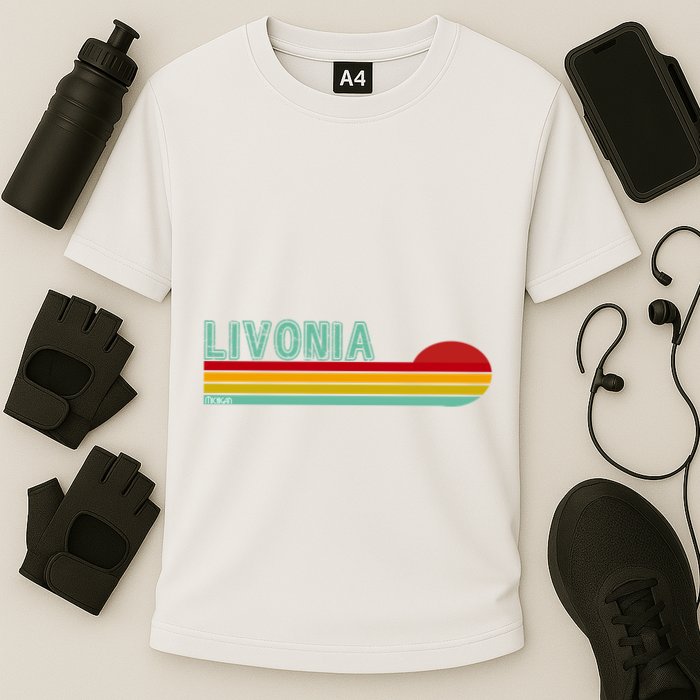 Livonia Michigan Retro Sunset Logo Performance Shirt