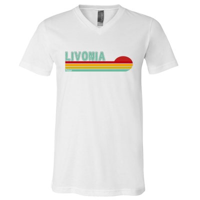 Livonia Michigan Retro Sunset Logo V-Neck T-Shirt