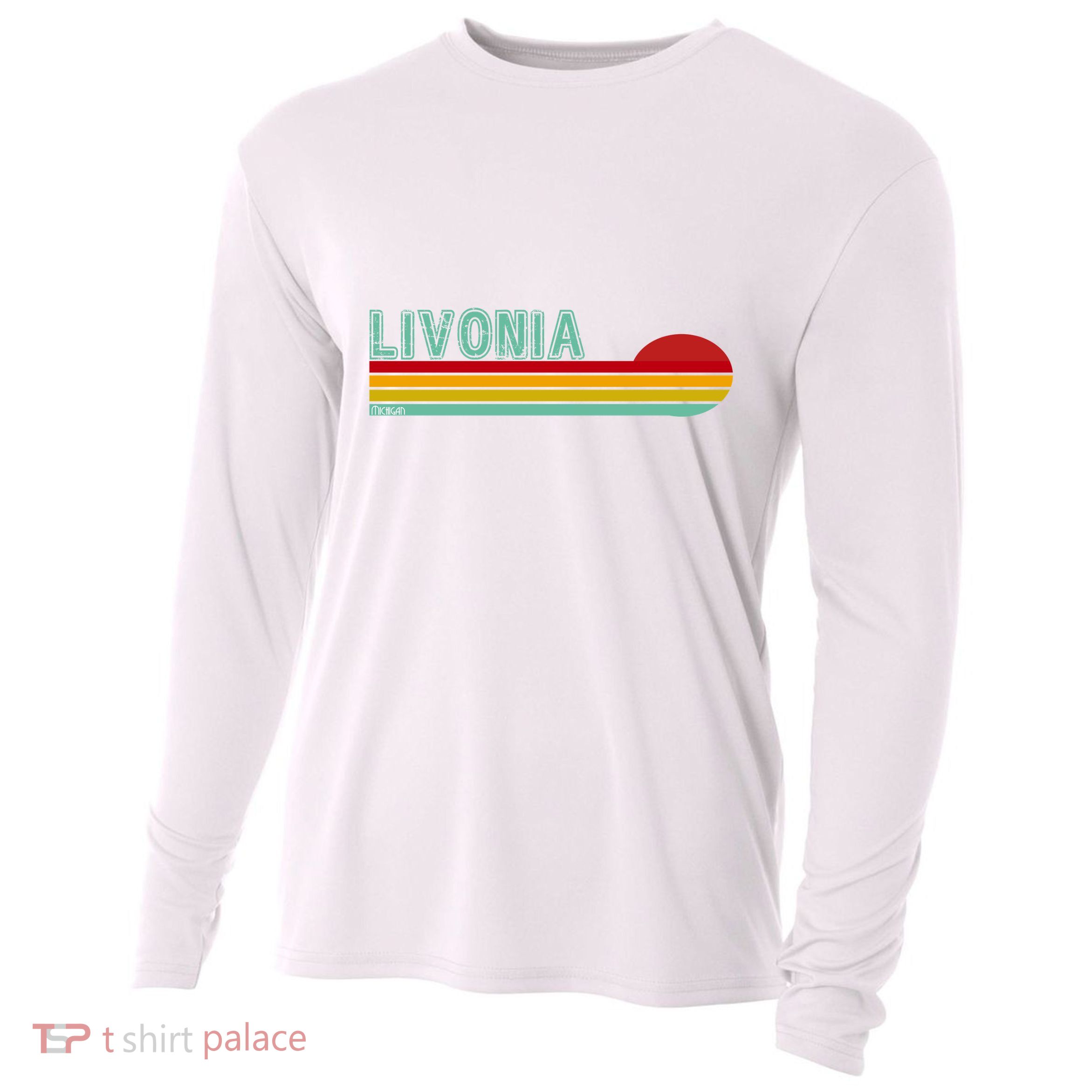 Livonia Michigan Retro Sunset Logo Cooling Performance Long Sleeve Crew