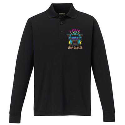 Love Music Stop Cancer Breast Cancer Awareness Mom Performance Long Sleeve Polo