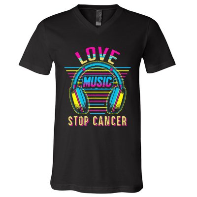 Love Music Stop Cancer Breast Cancer Awareness Mom V-Neck T-Shirt