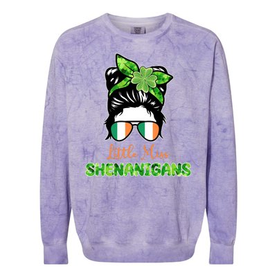 Little Miss Shenanigans Hair Bun St Patrick's Day Colorblast Crewneck Sweatshirt