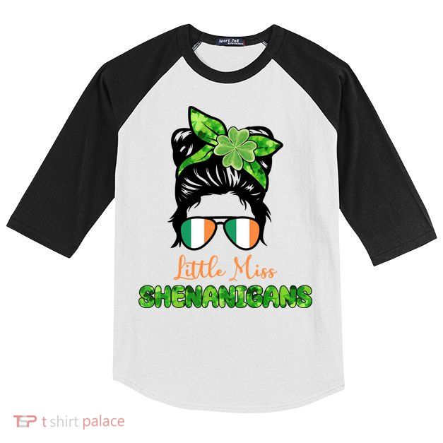 Little Miss Shenanigans Hair Bun St Patrick's Day Kids Colorblock Raglan Jersey