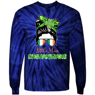 Little Miss Shenanigans Hair Bun St Patrick's Day Tie-Dye Long Sleeve Shirt