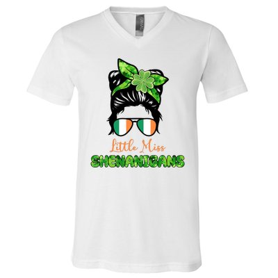 Little Miss Shenanigans Hair Bun St Patrick's Day V-Neck T-Shirt