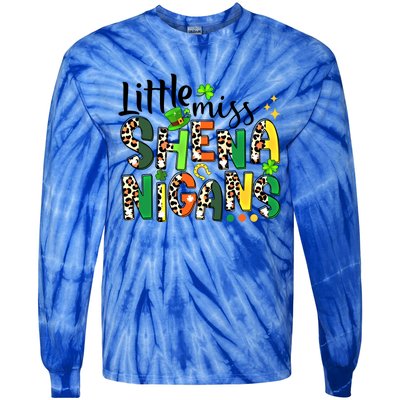 Little Miss Shenanigans Leopard Shamrock St Patrick's Day Gift Tie-Dye Long Sleeve Shirt