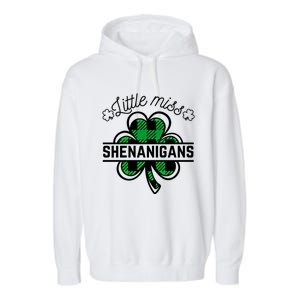 Little Miss Shenanigans Patrick's Day Leopard Shamrock Irish Gift Garment-Dyed Fleece Hoodie