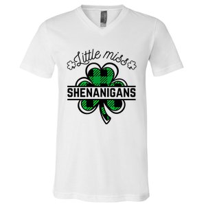 Little Miss Shenanigans Patrick's Day Leopard Shamrock Irish Gift V-Neck T-Shirt