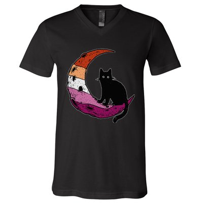 Lesbian Moon Space Cat Pride Flag LGBT Subtle Gay Sapphic V-Neck T-Shirt