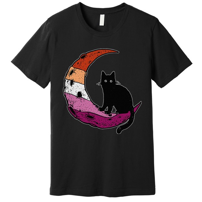 Lesbian Moon Space Cat Pride Flag LGBT Subtle Gay Sapphic Premium T-Shirt