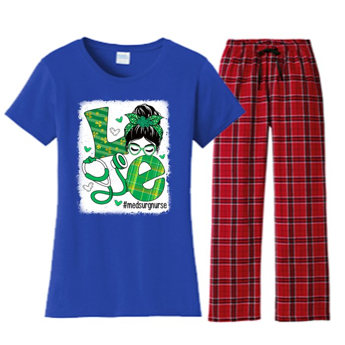 Love Med Surg Nurse Life Bleached Messy Bun Irish Nurse Great Gift Women's Flannel Pajama Set