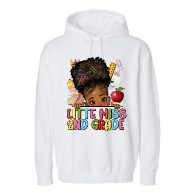 Little Miss Second Grade Back To School Messy Bun Afro Girl Garment-Dyed Fleece Hoodie