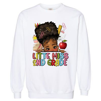 Little Miss Second Grade Back To School Messy Bun Afro Girl Garment-Dyed Sweatshirt