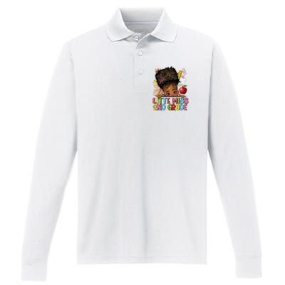 Little Miss Second Grade Back To School Messy Bun Afro Girl Performance Long Sleeve Polo