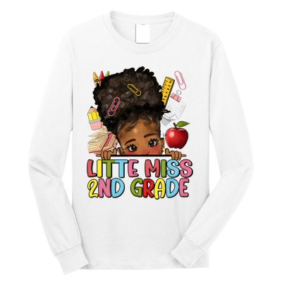 Little Miss Second Grade Back To School Messy Bun Afro Girl Long Sleeve Shirt