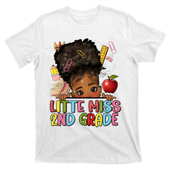 Little Miss Second Grade Back To School Messy Bun Afro Girl T-Shirt