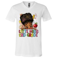 Little Miss Second Grade Back To School Messy Bun Afro Girl V-Neck T-Shirt