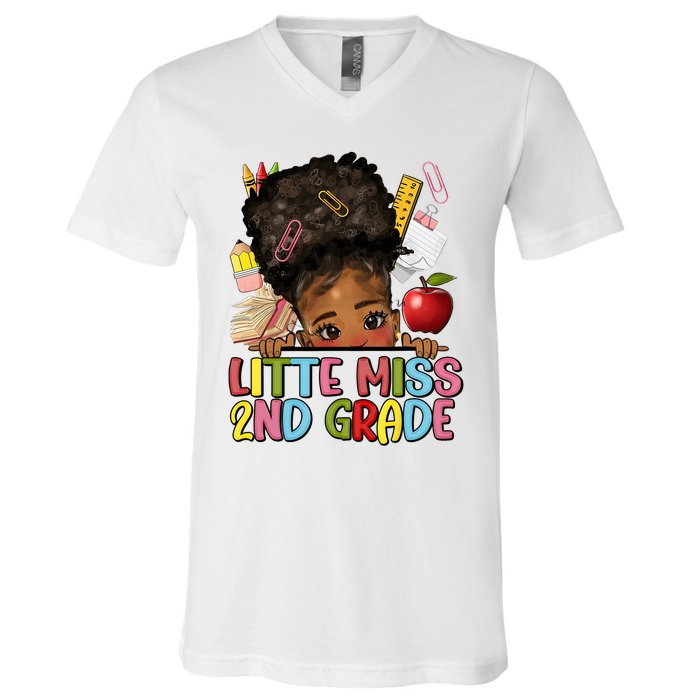 Little Miss Second Grade Back To School Messy Bun Afro Girl V-Neck T-Shirt