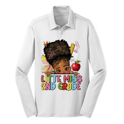 Little Miss Second Grade Back To School Messy Bun Afro Girl Silk Touch Performance Long Sleeve Polo