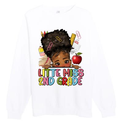 Little Miss Second Grade Back To School Messy Bun Afro Girl Premium Crewneck Sweatshirt