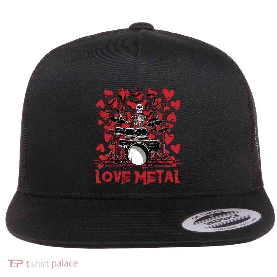 Love Metal Skeleton Drummer Valentines Day Rock N Roll Drums Gift Flatbill Hat