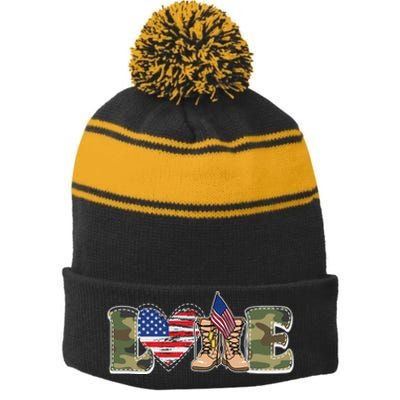 Love Military Support Your Troops And Arm Forces Stripe Pom Pom Beanie