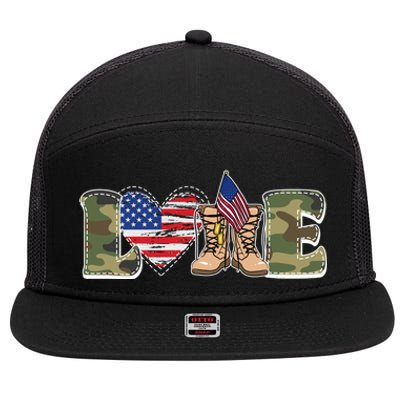 Love Military Support Your Troops And Arm Forces 7 Panel Mesh Trucker Snapback Hat