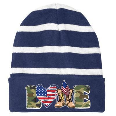 Love Military Support Your Troops And Arm Forces Striped Beanie with Solid Band