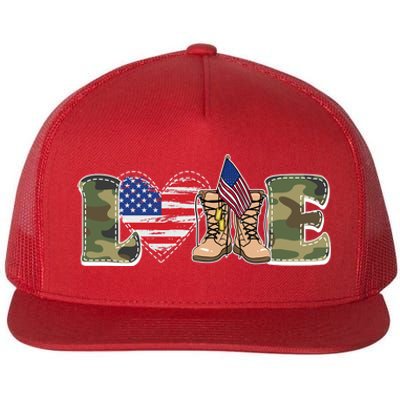 Love Military Support Your Troops And Arm Forces Flat Bill Trucker Hat