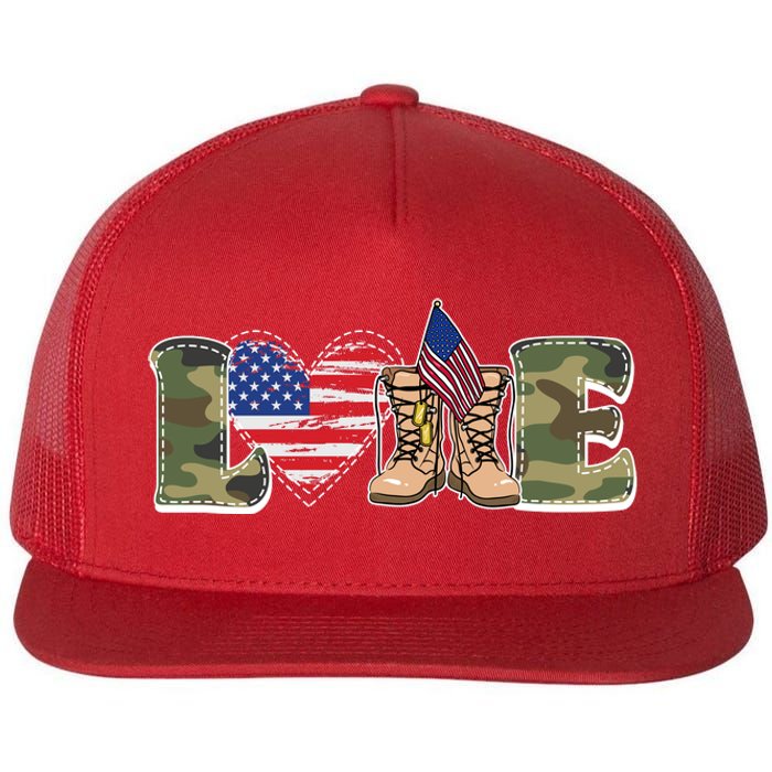 Love Military Support Your Troops And Arm Forces Flat Bill Trucker Hat