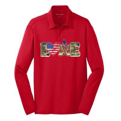 Love Military Support Your Troops And Arm Forces Silk Touch Performance Long Sleeve Polo