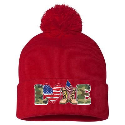 Love Military Support Your Troops And Arm Forces Pom Pom 12in Knit Beanie