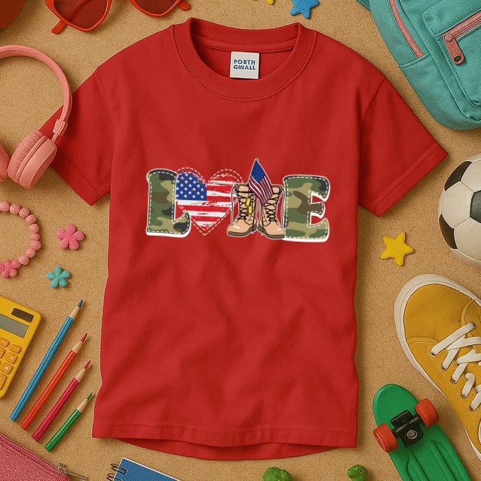Love Military Support Your Troops And Arm Forces Kids T-Shirt