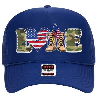 Love Military Support Your Troops And Arm Forces High Crown Mesh Back Trucker Hat