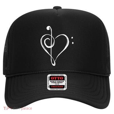Love Music Treble And Bass Clef Heart High Crown Mesh Back Trucker Hat