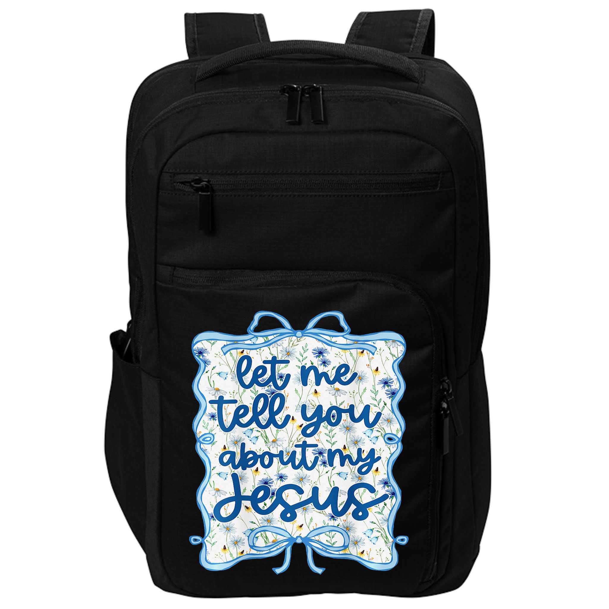 Let Me Tell You About My Jesus Blue Coquette Bow Christian Impact Tech Backpack