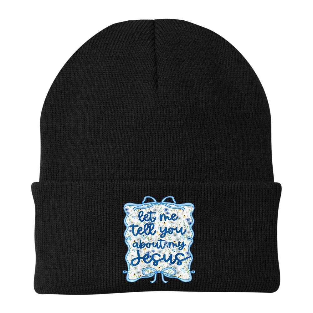 Let Me Tell You About My Jesus Blue Coquette Bow Christian Beanie