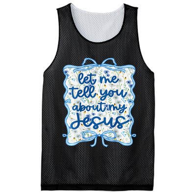 Let Me Tell You About My Jesus Blue Coquette Bow Christian Mesh Reversible Basketball Jersey Tank
