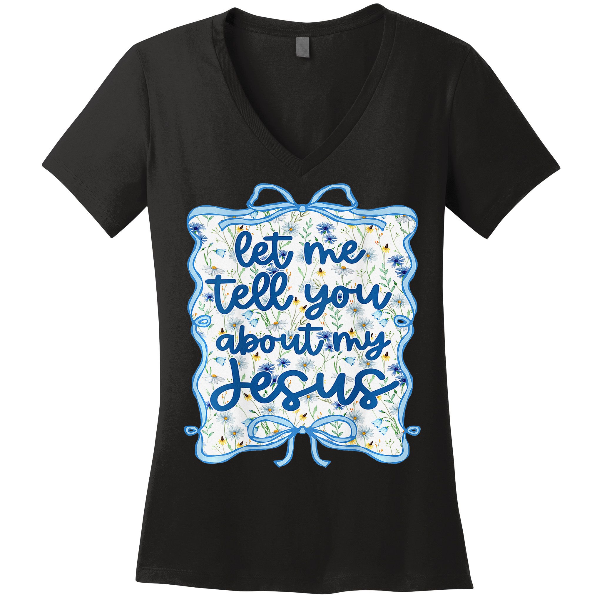 Let Me Tell You About My Jesus Blue Coquette Bow Christian Women's V-Neck T-Shirt