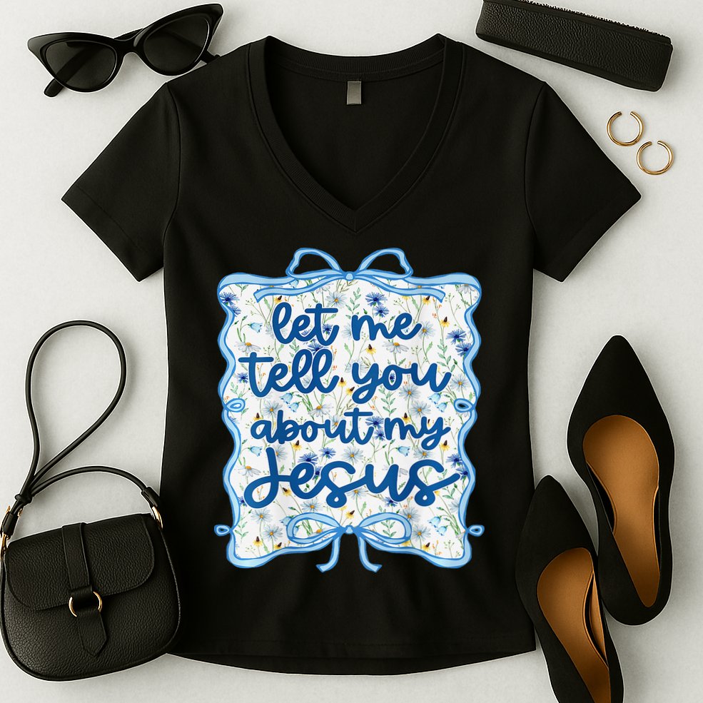 Let Me Tell You About My Jesus Blue Coquette Bow Christian Women's V-Neck T-Shirt