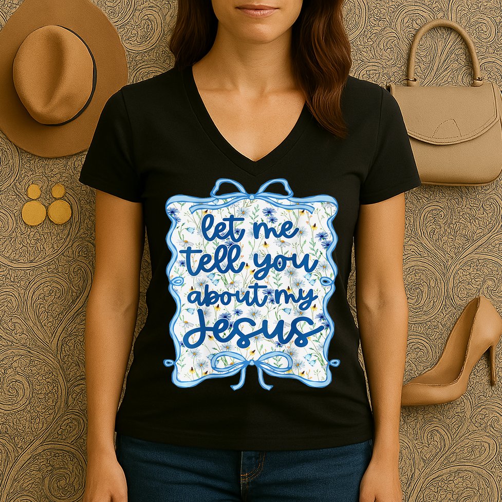 Let Me Tell You About My Jesus Blue Coquette Bow Christian Women's V-Neck T-Shirt