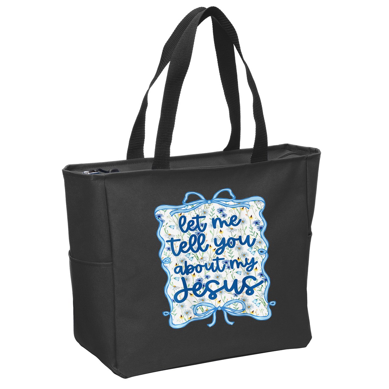 Let Me Tell You About My Jesus Blue Coquette Bow Christian Zip Tote Bag