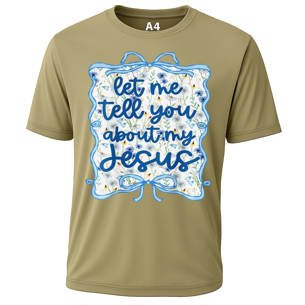 Let Me Tell You About My Jesus Blue Coquette Bow Christian Cooling Performance Crew T-Shirt