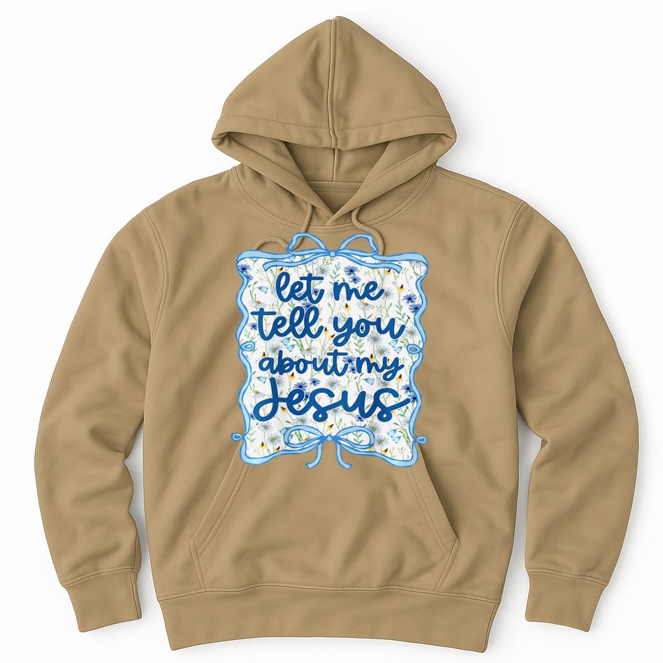 Let Me Tell You About My Jesus Blue Coquette Bow Christian Hoodie