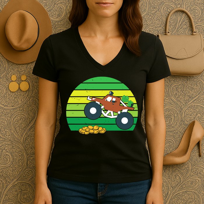 Lucky Monster Truck St Patrick's Day Women's V-Neck T-Shirt