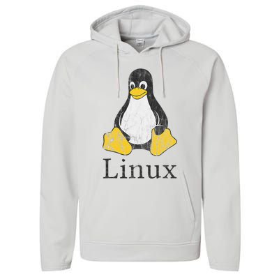 Linux Mascot Tux The Penguin Vintage Nerd Geek Sysadmin Gift Performance Fleece Hoodie