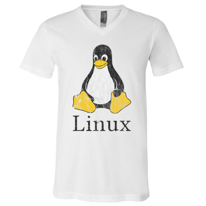 Linux Mascot Tux The Penguin Vintage Nerd Geek Sysadmin Gift V-Neck T-Shirt